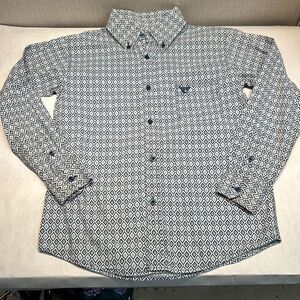 Cowboy Hardware Boys Button Down Shirt Size Medium 7/8 Long Sleeve White Blue